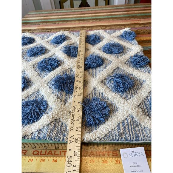 Surya Shaggy Texture White Blue Aztec Boho Tribal Pillow Cover 22x22 100% Cotton - Picture 6 of 10